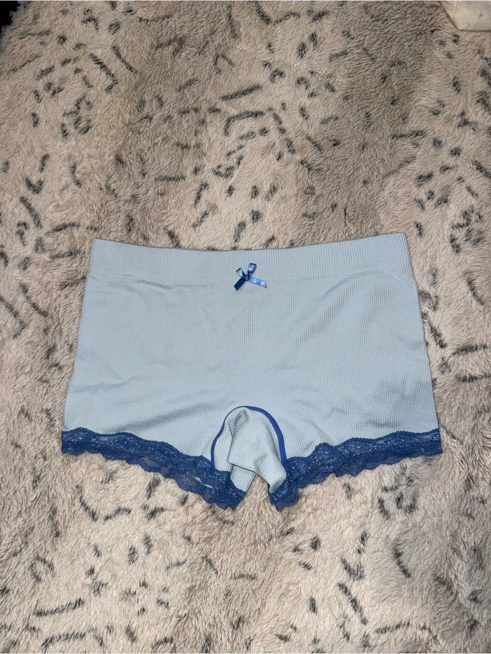 Light Blue Ribbed Womens boxer Boyshorts with Navy Lace Accent